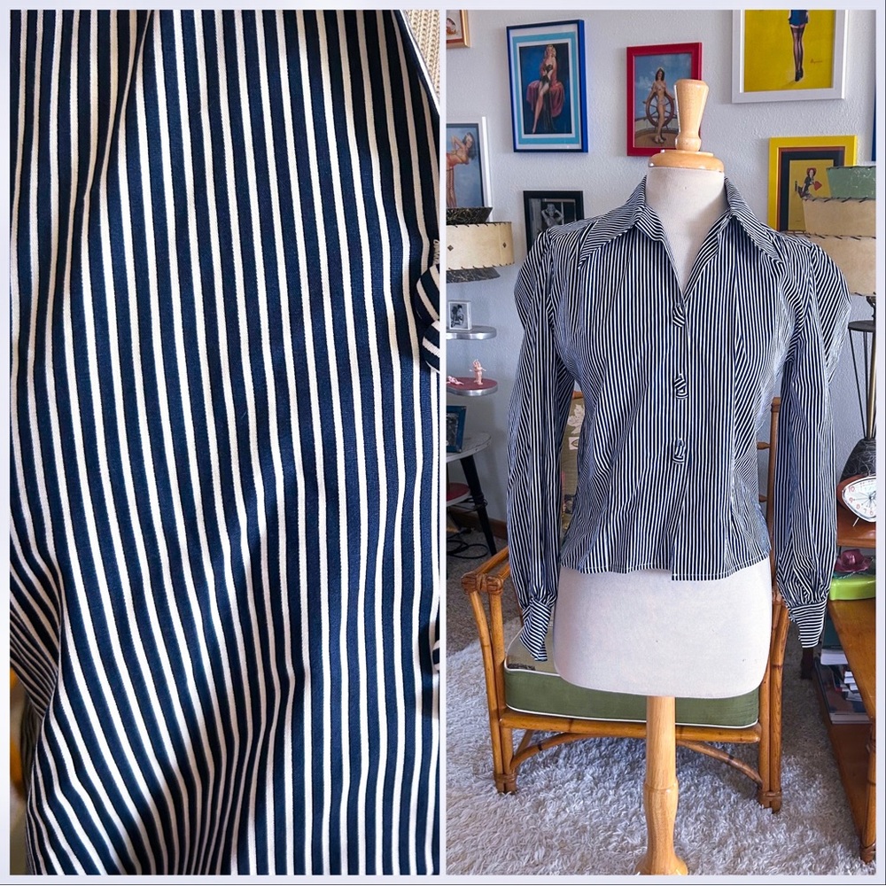 Retro Blouse Blue Stripe M L uK 12 1940s Style Freddie’s Of Pinewood Spellbound